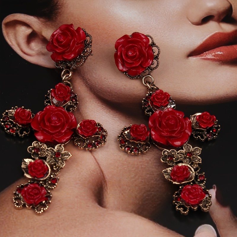 🌹Women’s Vintage Rose Cross Earrings | Baroque French Court Euro-American Long Drop Fashion Jewelry