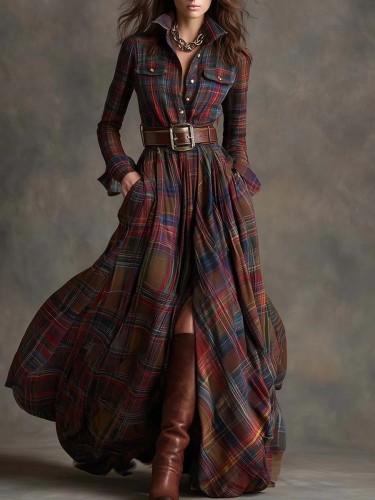 Free Belt! Plus Size Women's French Retro Plaid Slimming Look Asymmetrical Dress