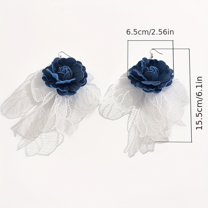 Exaggerated Hollow Denim Lace Flower Earrings for Women