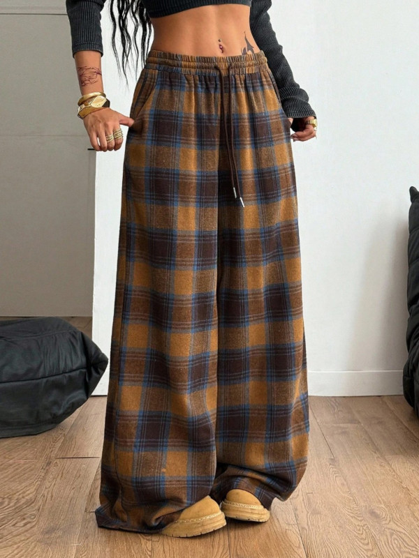 Women's Vintage Streetwear Wide-Leg Plaid Pants for Casual Commuting