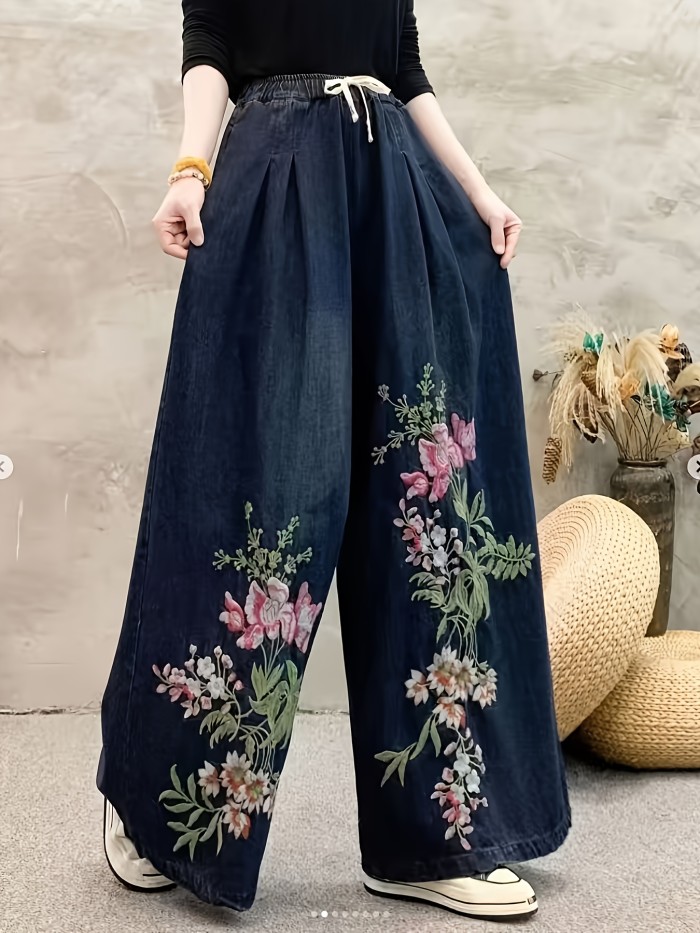 👖Women’s Vintage Floral Wide-Leg Denim Jeans | Elastic Drawstring Pleated All-Season Casual Wear