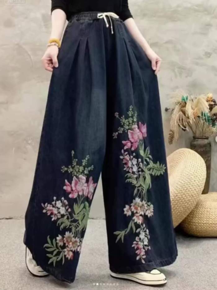 👖Women’s Vintage Floral Wide-Leg Denim Jeans | Elastic Drawstring Pleated All-Season Casual Wear