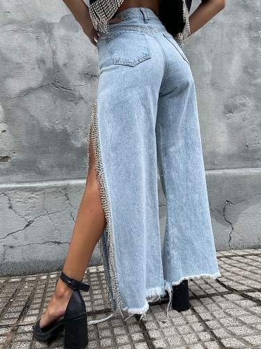 Women’s High-Waist Straight Wide-Leg Denim | Chain Tassel Side Split Frayed Hem Street Style Pants