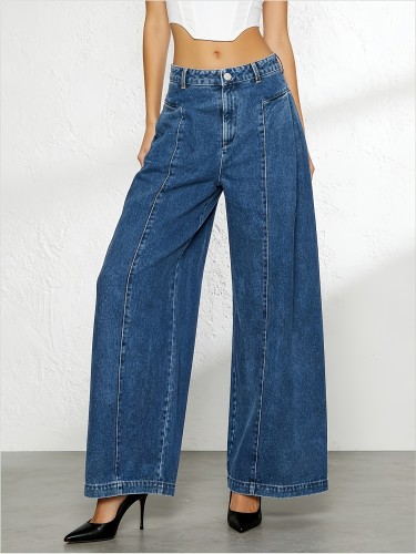 ✨Washed Blue Wide-Leg Jeans | High-Waist Beltless Floor-Hugging Machine Washable Casual Pants