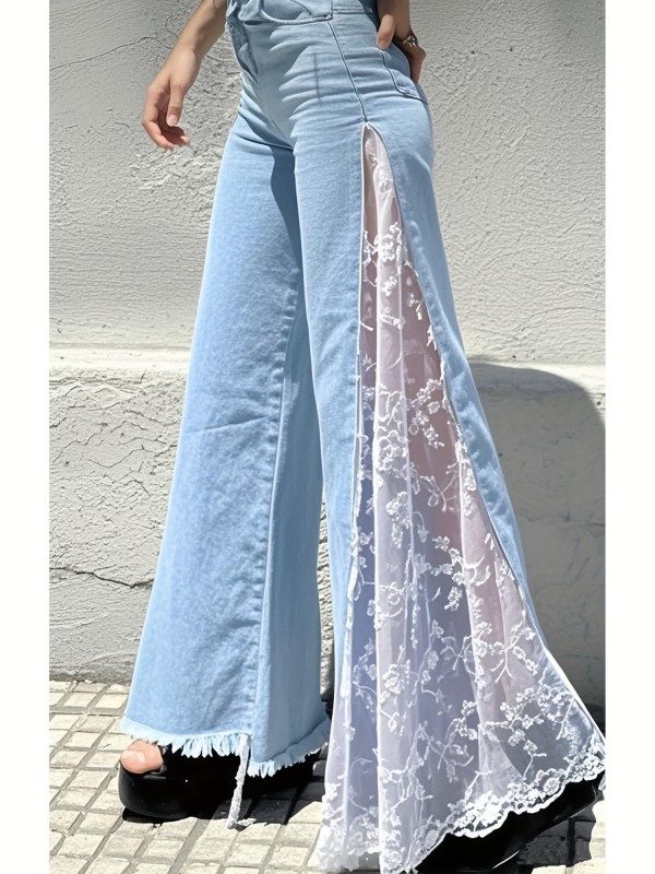 👖Light Blue High-Waist  Jeans | Side Slit Lace Splicing Feminine Spring Summer Fall Trousers