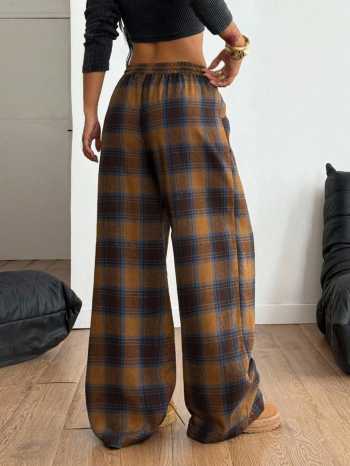 Women's Vintage Streetwear Wide-Leg Plaid Pants for Casual Commuting