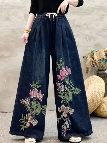 👖Women’s Vintage Floral Wide-Leg Denim Jeans | Elastic Drawstring Pleated All-Season Casual Wear