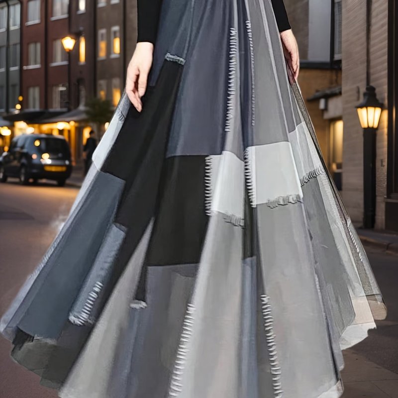 Long Skirt with Color Block Tie-dye Print