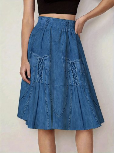 💙Blue Lace-Up Corset A-Line Skirt | Flowy Printed Spring Summer