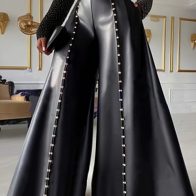💰Wealth-Attracting PU Wide-Leg Pants | No Waistband Diamond Side Pockets Urban Casual Long Trousers