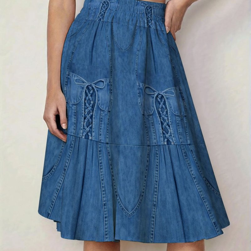 💙Blue Lace-Up Corset A-Line Skirt | Flowy Printed Spring Summer