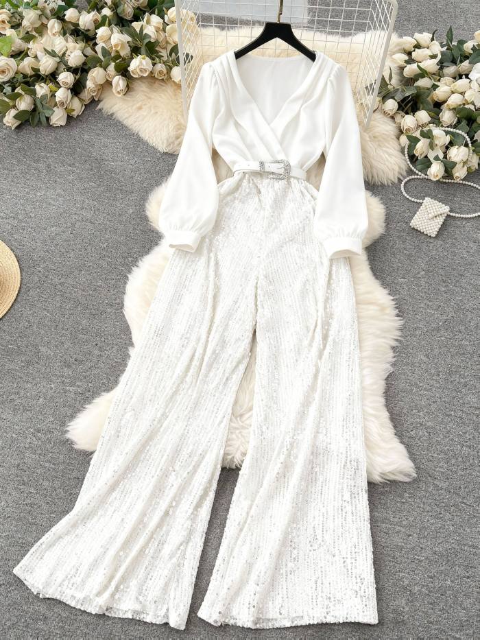Elegant V-neck Long Sleeve Sequin Hollow-Out Jumpsuit | Solid Color, Suitable for All Seasons, Adult Wear