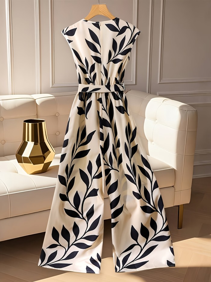 Women's Elegant Leaf Print Floral Wide-Leg Waist-Tie Jumpsuit