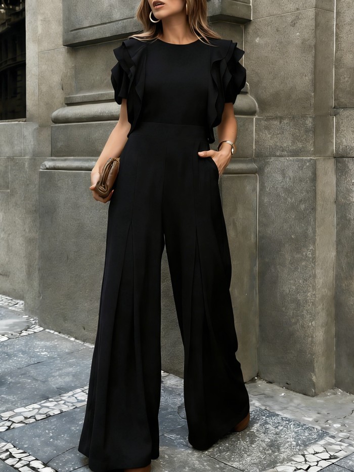 ❤️Red Ruffled Petal Jumpsuit | Round Neck Short Sleeve Wide Leg Elegant Daily Date Style
