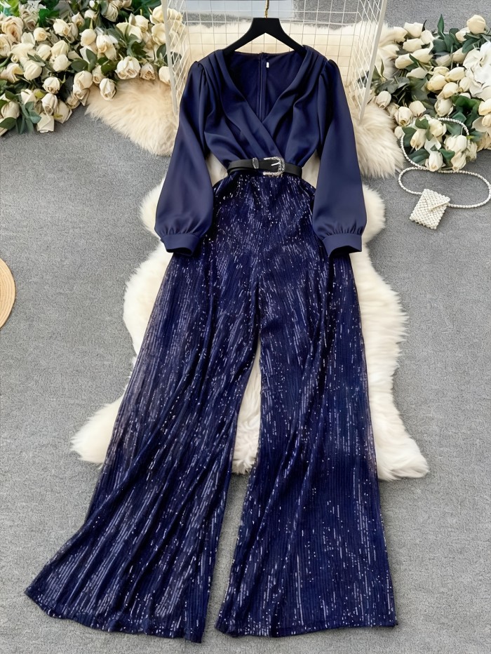 Elegant V-neck Long Sleeve Sequin Hollow-Out Jumpsuit | Solid Color, Suitable for All Seasons, Adult Wear