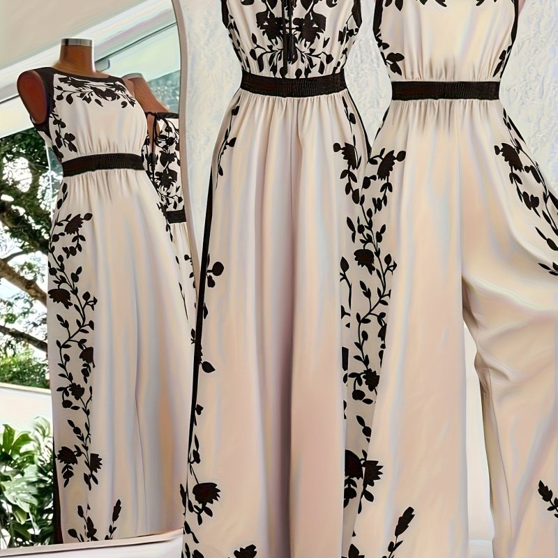 🌸Beige Black Floral Beach Jumpsuit | Sleeveless Wide Leg Waist Defined Flowy Vacation Style