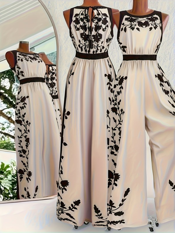 🌸Beige Black Floral Beach Jumpsuit | Sleeveless Wide Leg Waist Defined Flowy Vacation Style