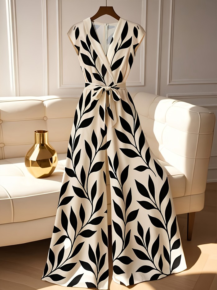 Women's Elegant Leaf Print Floral Wide-Leg Waist-Tie Jumpsuit