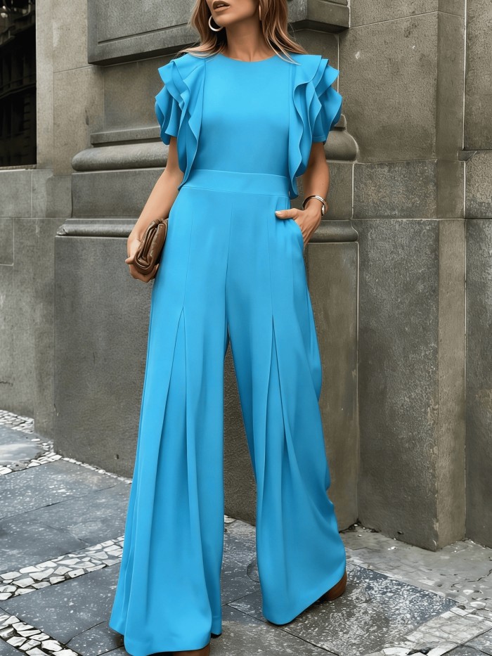 ❤️Red Ruffled Petal Jumpsuit | Round Neck Short Sleeve Wide Leg Elegant Daily Date Style