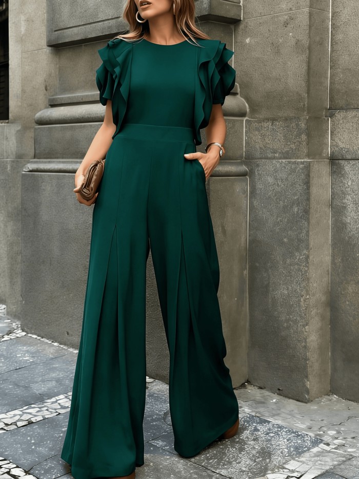 ❤️Red Ruffled Petal Jumpsuit | Round Neck Short Sleeve Wide Leg Elegant Daily Date Style