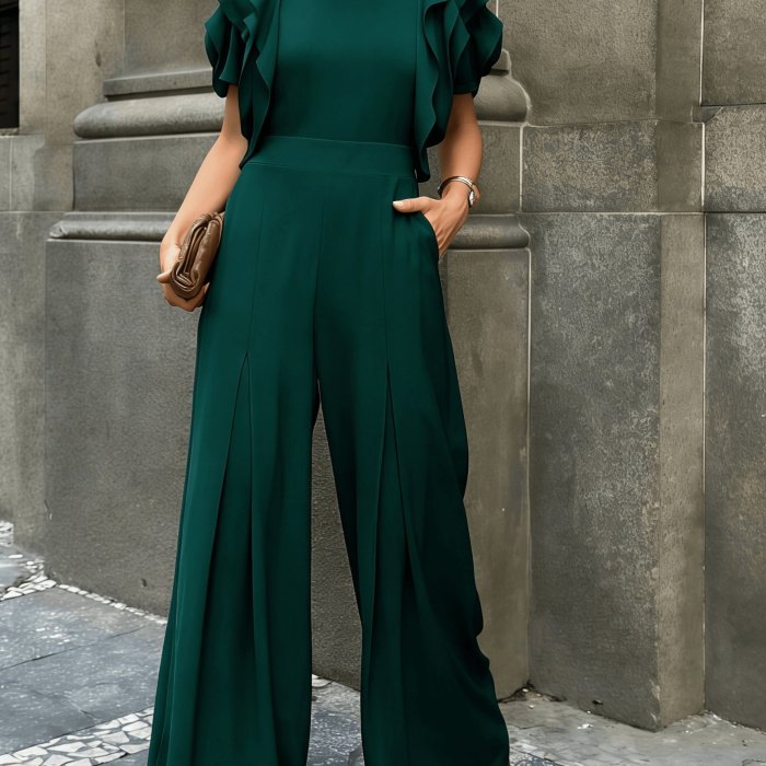 ❤️Red Ruffled Petal Jumpsuit | Round Neck Short Sleeve Wide Leg Elegant Daily Date Style