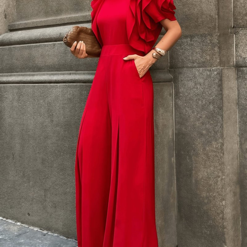 ❤️Red Ruffled Petal Jumpsuit | Round Neck Short Sleeve Wide Leg Elegant Daily Date Style