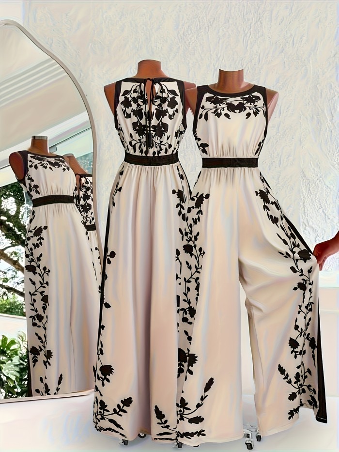 🌸Beige Black Floral Beach Jumpsuit | Sleeveless Wide Leg Waist Defined Flowy Vacation Style