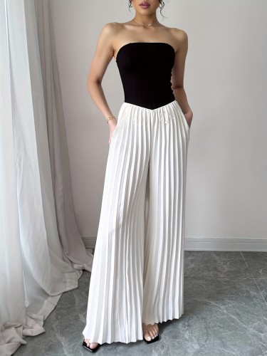 🖤🤍Black White Pleated Off Shoulder Jumpsuit | Strapless Elegant Formal Event Style