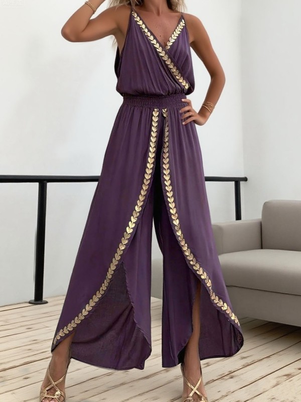 Women's Lace Trim Jumpsuit, Asymmetrical Flared Leg Romper