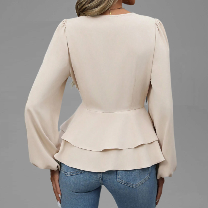 Women's Elegant Wrap V Neck Double Breasted Lantern Seeve Peplum Blouse