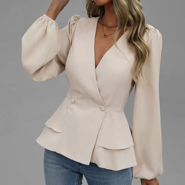 Women's Elegant Wrap V Neck Double Breasted Lantern Seeve Peplum Blouse