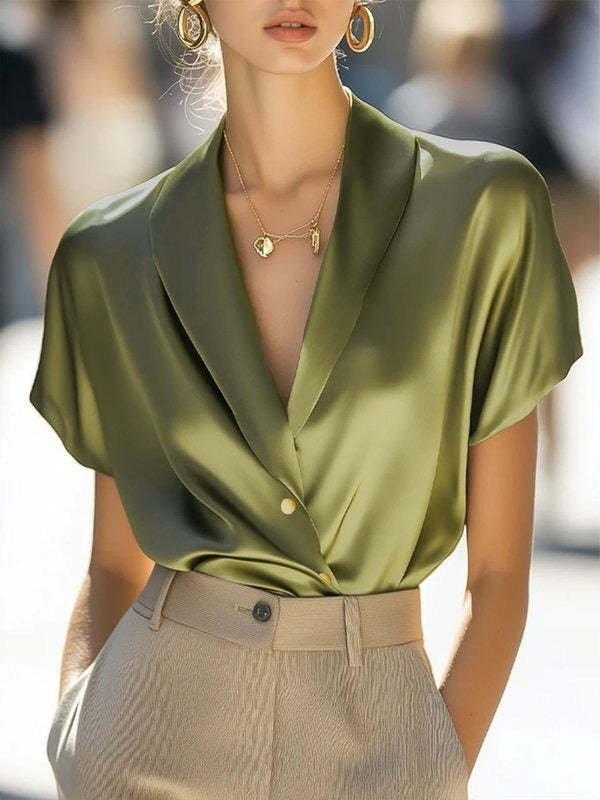 Loose Short Sleeves Solid Color V-Neck Blouses&Shirts Tops