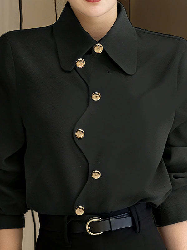 Long Sleeves Loose Buttoned Solid Color Lapel Blouses&Shirts Tops