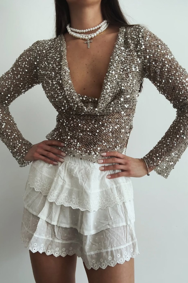 Fashionable Sequined Fishnet Casual Long-sleeved Top