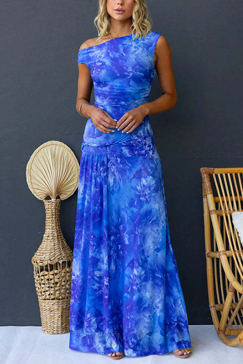 Asymmetric Shoulder Ruched Waist Floral Print Maxi Dress