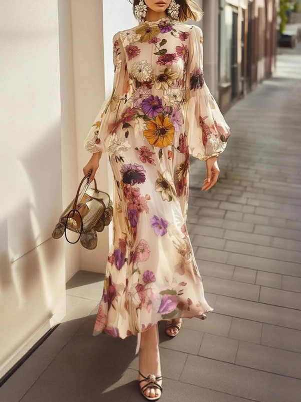 Ruffled Floral-Print Tight-Waist Dress