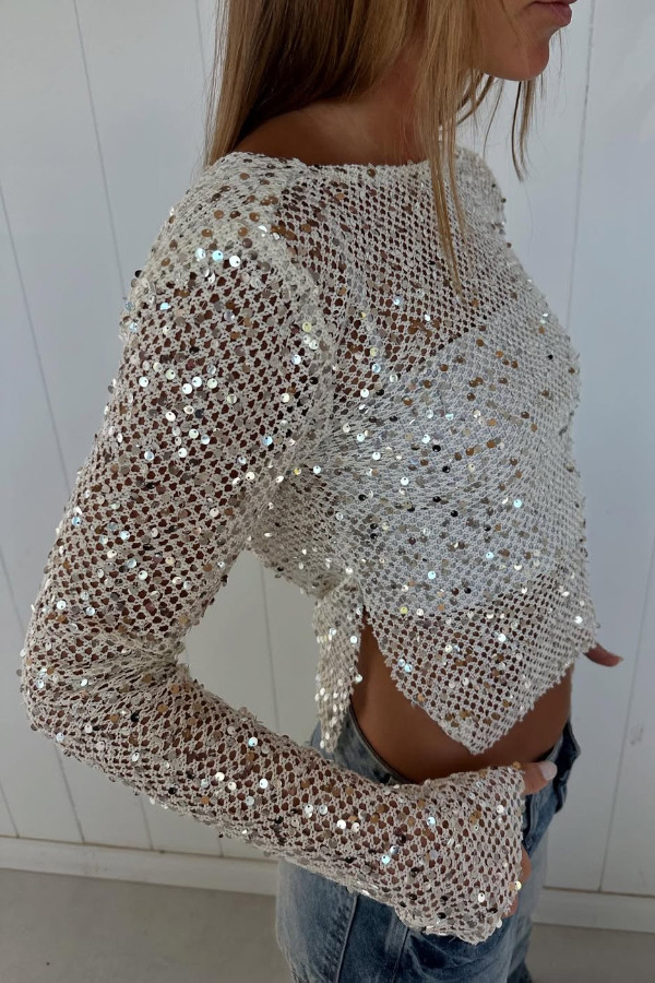 Fashionable Sequined Fishnet Casual Long-sleeved Top
