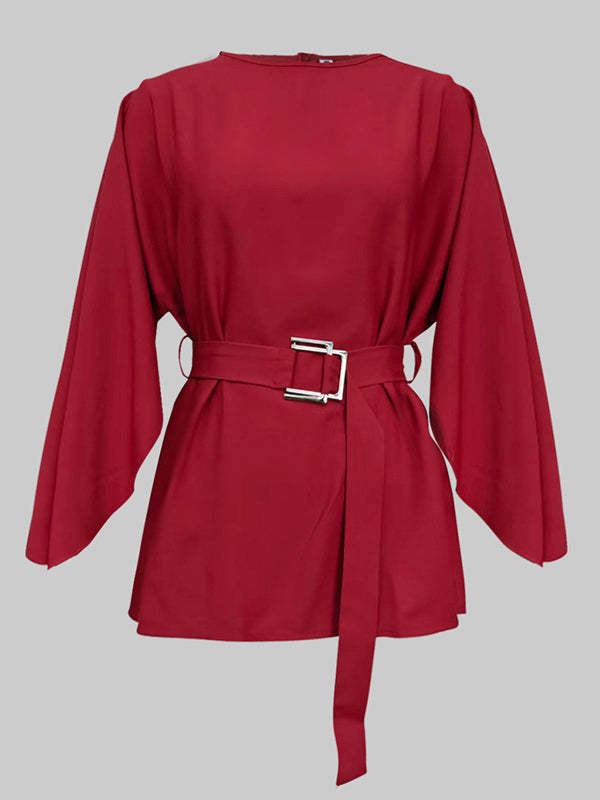 Batwing Sleeves Split-Joint Tied Waist Round-Neck Blouses&Shirts Tops