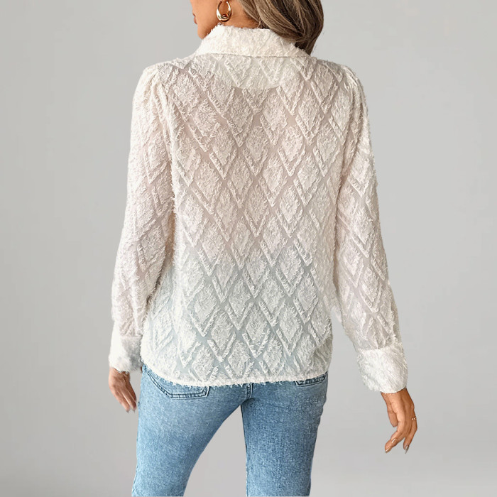 Women's Elegant Fuzzy Diamond Pattern Notched Lapel Long Sleeve Button Blouse