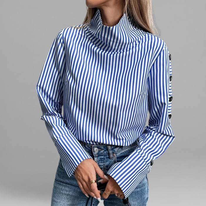 Women's Blue Striped High Neck Side Black Button Long Sleeve Blouse