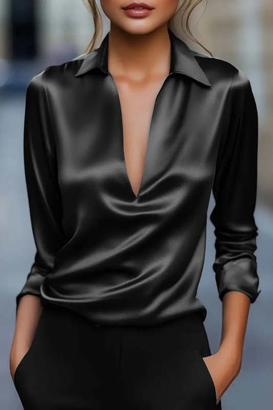 Solid Color Satin V-neck Long-sleeved Casual Shirt