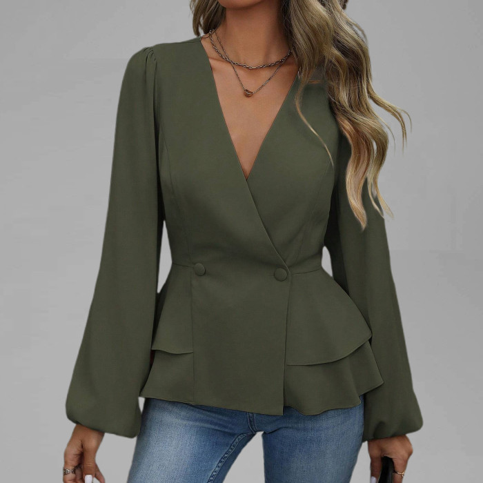 Women's Elegant Wrap V Neck Double Breasted Lantern Seeve Peplum Blouse