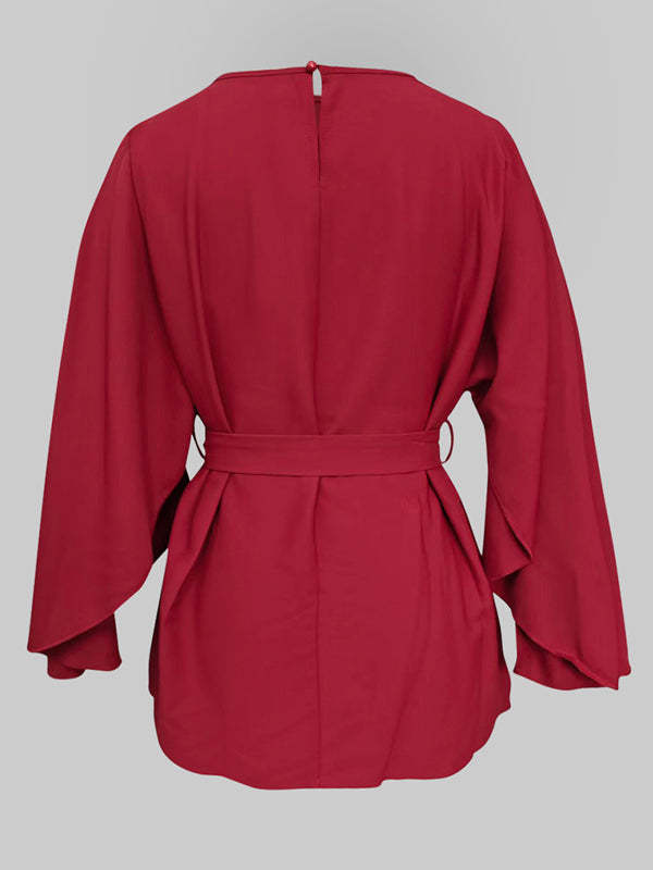 Batwing Sleeves Split-Joint Tied Waist Round-Neck Blouses&Shirts Tops