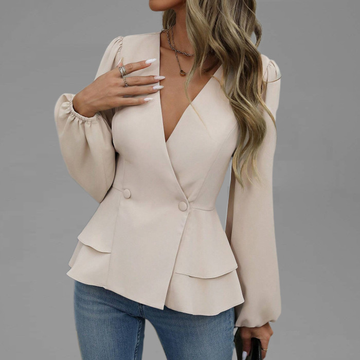 Women's Elegant Wrap V Neck Double Breasted Lantern Seeve Peplum Blouse