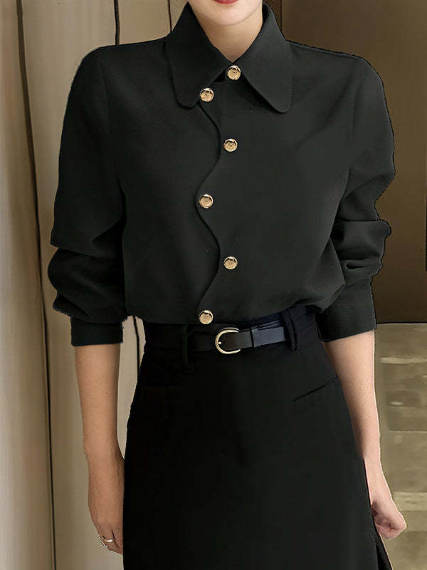 Long Sleeves Loose Buttoned Solid Color Lapel Blouses&Shirts Tops