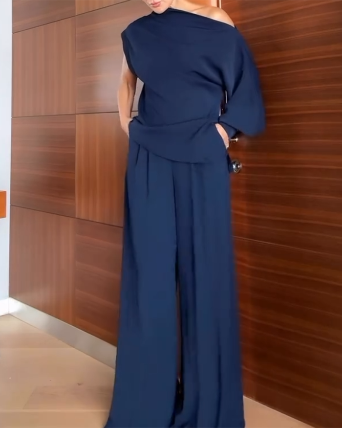 One-shoulder Off-the-shoulder Long-sleeved Top and Pants Two-piece Set