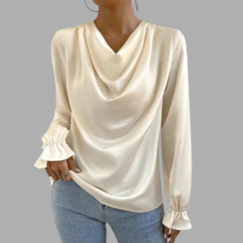 Women's Elegant Cowl Neck Long Sleeve Ruffled Cuffs Satin Blouse
