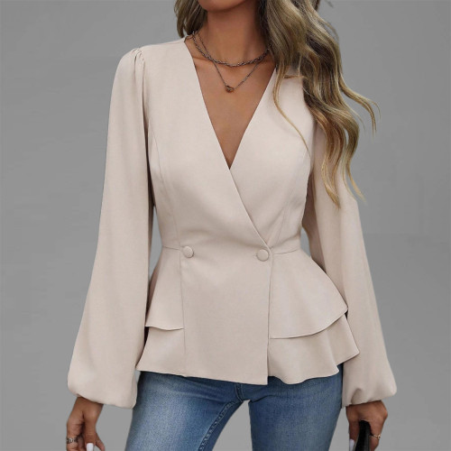 Women's Elegant Wrap V Neck Double Breasted Lantern Seeve Peplum Blouse