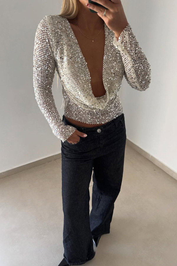 Fashionable Sequined Fishnet Casual Long-sleeved Top