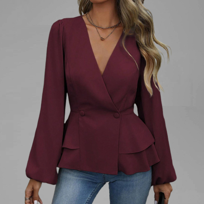 Women's Elegant Wrap V Neck Double Breasted Lantern Seeve Peplum Blouse